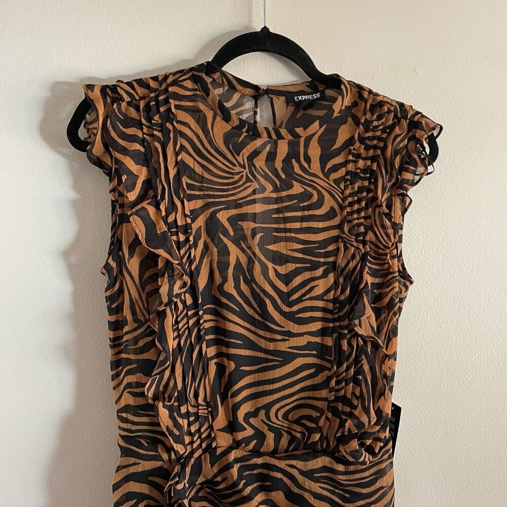 Express Women M Tiger Animal Print Sleeveless Ruffle Ruched Mini Dress NWT - Picture 6 of 12